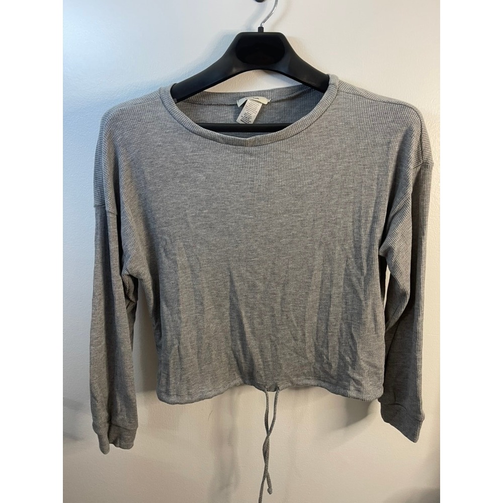 Teenbell Heather Gray Waffle Knit Cropped Long Sleeve Drawstring Top Size M‎